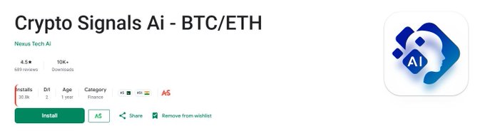 A Google Play Store listing for an app called 'Crypto Signals Ai - BTC/ETH' by Nexus Tech Ai, rated 4.5 stars with 10K+ downloads.