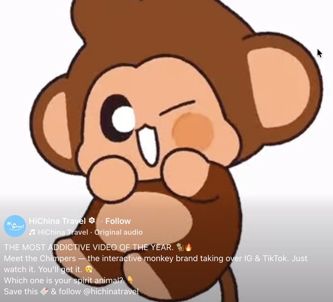 An Instagram post screenshot from 'HiChina Travel' featuring a cartoon monkey sticker and text promoting 'The Chimpers' as an interactive monkey brand, asking 'Which one is your spirit animal?'.