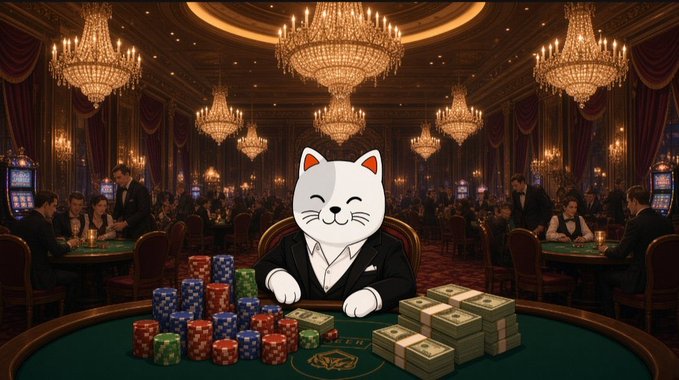 A cat character (Maneki-neko style) in a black suit sitting at a green poker/casino table with stacks of colorful chips and cash bundles, set in an elegant chandelier-lit casino room.