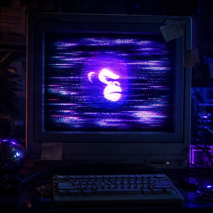 An old CRT monitor displays a glitching, pixelated face in purple and blue static with a sticky note reading "Signal lost" and another labeled "Attention Override," visually reinforcing the post's metaphor about ApeCoin and ApeChain losing signal to overlooked builders, founders, and artists drowning in the noise of recycled hype.