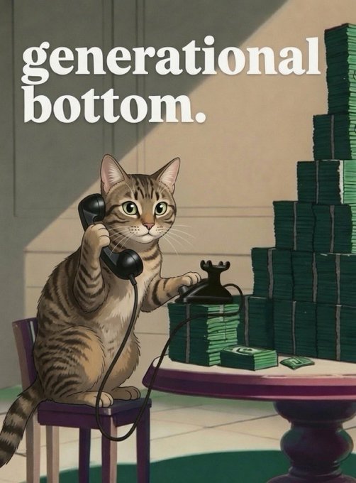 A serious-looking tabby cat in a suit sits at a desk with a vintage telephone, surrounded by towering stacks of green cash, with the bold white text "generational bottom." displayed above—evoking a powerful crypto mogul moment that aligns with the post's hype around a potential Binance listing and the meme token $CATE targeting a $100M milestone.