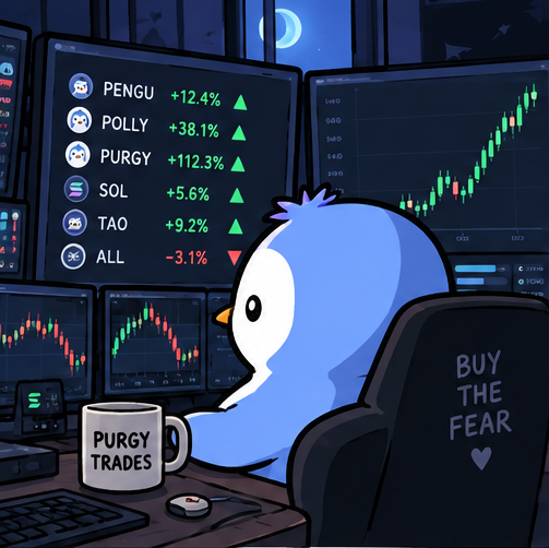 A cartoon blue penguin character sits at a trading desk surrounded by monitors displaying crypto charts and a leaderboard showing tokens like PENGU (+12.4%), POLLY (+38.1%), PURGY (+112.3%), SOL (+5.6%), TAO (+9.2%), and ALL (-3.1%), with a 'BUY THE FEAR' chair and a 'PURGY TRADES' mug.