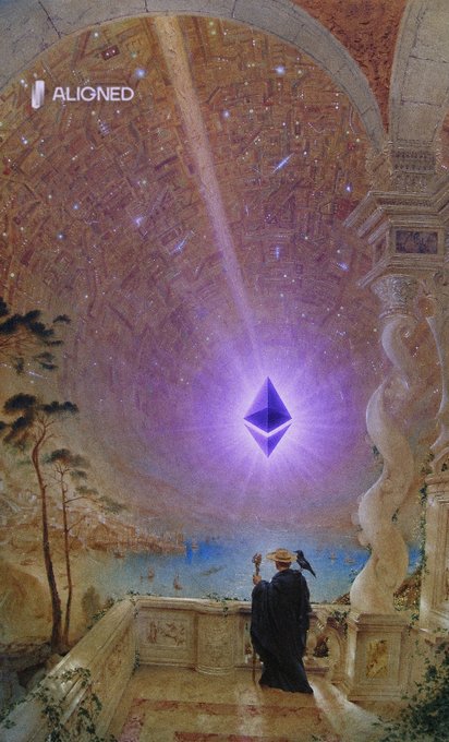 A robed figure stands on a balcony beneath a vaulted ceiling, gazing up as a glowing purple Ethereum diamond logo emanates a divine beam of light from the heavens. The watermark "ALIONED" appears in the upper left, tying the ethereal scene to the post's message that the guiding light has always been Ethereum.
