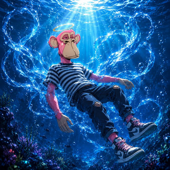 A digital illustration of a pink monkey character with a halo, wearing a striped shirt and ripped jeans, floating underwater surrounded by swirling currents of bubbles.