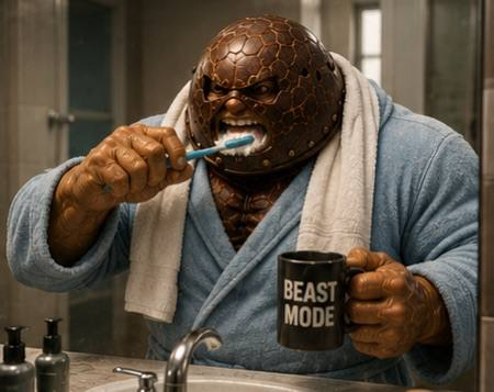 The image shows a rock-skinned, hulking figure in a bathrobe brushing his teeth while holding a mug labeled "BEAST MODE," fitting the post's warning about needing a "whale's pump" to drive gains—reinforcing the idea that big moves require serious, beastly force behind them, not just hype.
