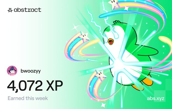 Abstract platform achievement card for user "bwoozyy" showing 4,072 XP earned this week, featuring the same cartoon penguin character shooting a laser beam.