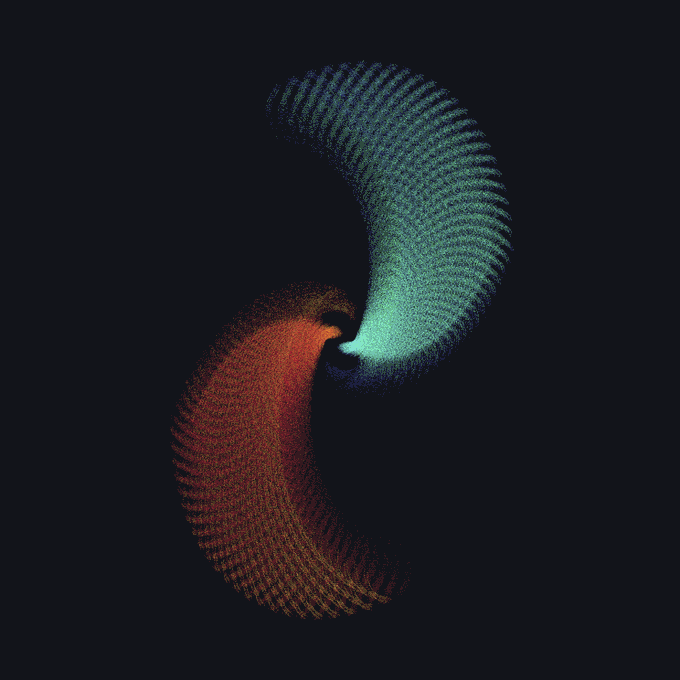 An abstract digital artwork featuring two swirling wave-like forms in teal and orange-red against a pure black background, resembling sound waves or a yin-yang shape.