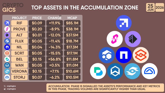 A crypto infographic dated June 25, 2026, from CryptoGics displays the "Top Assets in the Accumulation Zone," listing RIF (+11.9%, $85.1M MCAP), PROVE (-8.9%, $38.1M), ALT (-12.0%, $37.5M), FLUX (-11.4%, $18.7M), NIL (-14.3%, $17.3M), SCRT (-15.5%, $17.1M), BEL (+56.8%, $11.8M), WAN (+0.5%, $11.0M), VERONA (+7.1%, $10.6M), and STORJ (-6.2%, $10.5M), with a note explaining that accumulation is signaled by high trading volumes and strong performance metrics—directly matching the accompanying post's list of tickers.