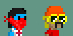 Two pixel-art character portraits side by side: one wearing a red mask and black hair, the other with a brown beard, yellow glasses, and an orange beanie.