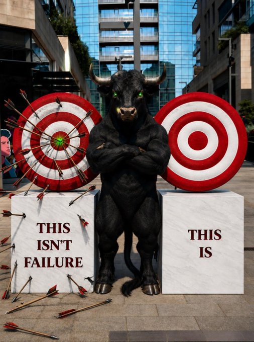 A muscular black bull with glowing green eyes stands with arms crossed between two marble pedestals—one holding a target riddled with arrows labeled "THIS ISN'T FAILURE" and another with a pristine target reading "THIS IS"—symbolizing the resilience and conviction referenced in the post's message to bulls, accompanied by the ticker $ANSEM.