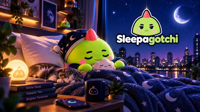 Promotional image for 'Sleepagotchi' featuring a cute green character sleeping with a cat beside a window overlooking a city skyline at night with a crescent moon.