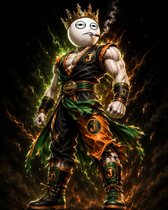 A muscular warrior with a cartoonish white face and a "J" emblem on his chest, belt, and boots stands in a powerful stance surrounded by green and orange flames, wearing a golden crown and smoking a cigar. The image humorously captures the exaggerated hype of crypto enthusiasts on a bullish "Green Thursday," with the "J" symbol and "JUMBOOO" belt representing the communal rallying energy of the community.