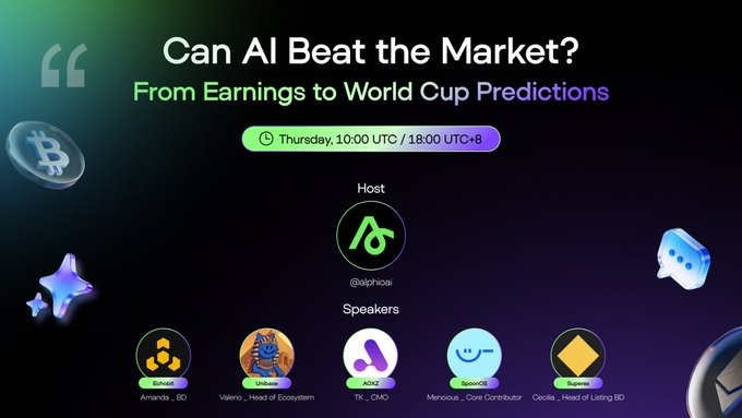 An event poster titled "Can AI Beat the Market? From Earnings to World Cup Predictions," scheduled for Thursday, hosted by @alphasei, featuring speakers Amanda, Valerio, TK, Menous, and Cecilia.