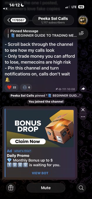 A screenshot of a Telegram channel called 'Peeka Sol Calls' with 1,117 subscribers, displaying a pinned 'BEGINNER GUIDE TO TRADING ME...' message and a 'BONUS DROP' ad with a 'Claim Now' button and '100K is waiting for you' text.