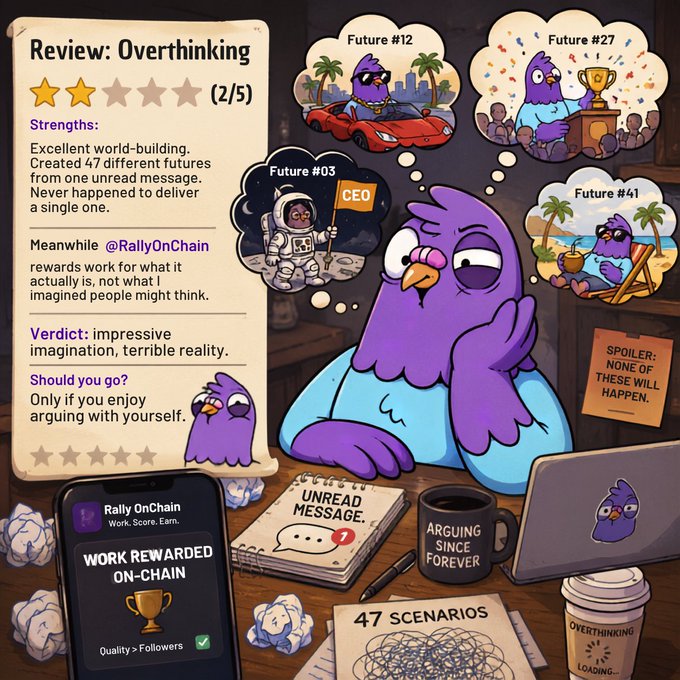 A detailed cartoon illustration of a purple bird reading a 2-star review of 'Overthinking' and imagining various futures, with a phone displaying the 'Rally OnChain' app.