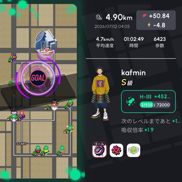 A Pokémon GO-style game screenshot showing a 4.90 km walk on 2026/07/12, with the player 'kafmin' reaching level S and 9,639/7,2000 progress.