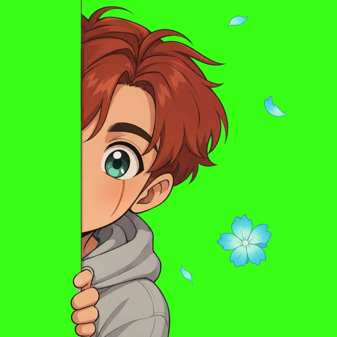 An anime-style illustration of a red-haired boy peeking out from behind a green screen background with blue flower petals floating around him.