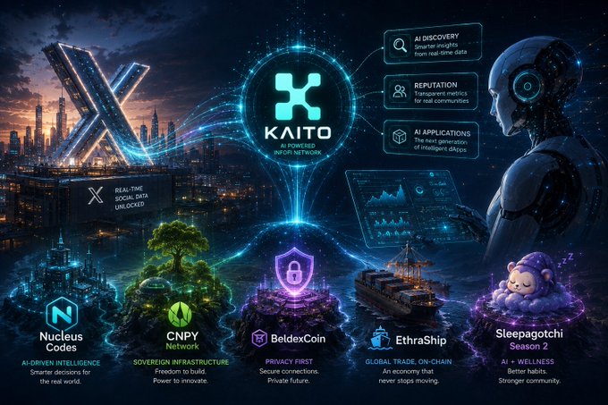 A futuristic promotional graphic for the KAITO AI InfoFi Network, highlighting features like AI Discovery, Reputation, and AI Applications, alongside ecosystem partners including Nucleus Codes, CNPY Network, BeldexCoin, EthraShip, and Sleepagotchi Season 2.