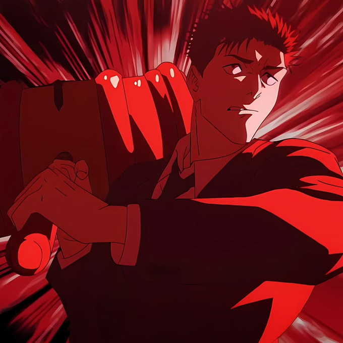 An anime-style illustration of a male character with a serious expression wielding a weapon, bathed in dramatic red lighting with dynamic speed lines.