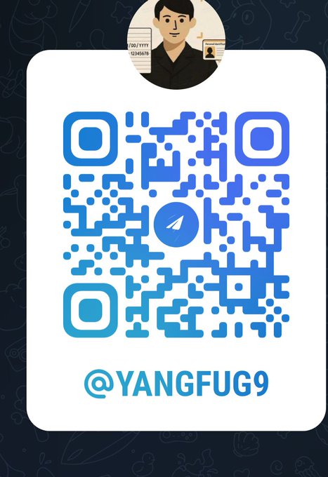 A Telegram QR code with the username '@YANGFUG9' and an illustrated avatar of a person holding an ID document.