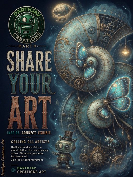 A promotional poster for 'Darthjav Creations Art' featuring a steampunk nautilus shell with glowing blue butterflies, gears, and text reading 'SHARE YOUR ART - INSPIRE. CONNECT. EXHIBIT. CALLING ALL ARTISTS.'