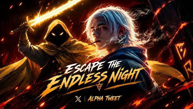 Promotional artwork for 'Escape the Endless Night' featuring a white-haired anime-style character and a hooded figure wielding a glowing sword, branded with 'X | ALPHA TWEET'.