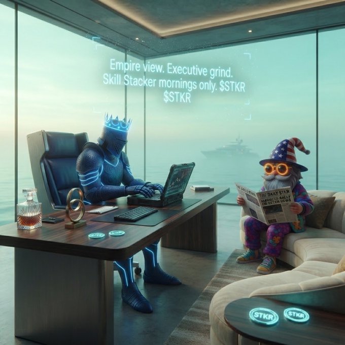 A futuristic blue-suited figure with a crown works at a desk displaying "Empire view. Executive grind. Skill Stacker mornings only. $STKR $STKR" while a wizard-like character reads a newspaper nearby, both set against a misty ocean backdrop—imagery fitting a "GM $STKR" greeting that evokes morning hustle and empire-building vibes.