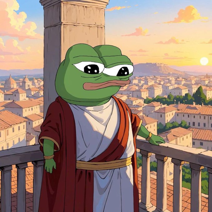 The image features a cartoon frog with a big smile standing on a balcony overlooking a cityscape at sunset. The frog appears to be dressed as a Roman emperor, wearing a robe and holding a scepter. The setting sun casts a warm glow over the scene, creating a serene atmosphere. The post also mentions that Quip Network has moved beyond the conceptual stage and is actively demonstrating its capabilities through a live public testnet.