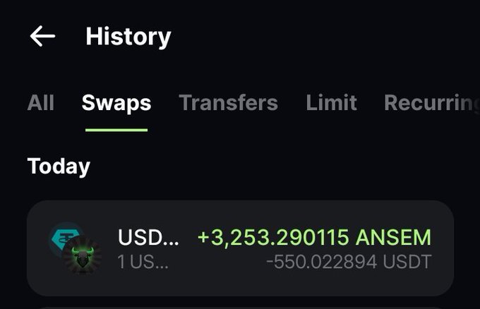 A cryptocurrency app's transaction history showing a swap that purchased +3,253.290115 ANSEM tokens with -550.022894 USDT. The image supports the post by illustrating someone "buying the dip" on the $ANSEM token with a notable USDT purchase.