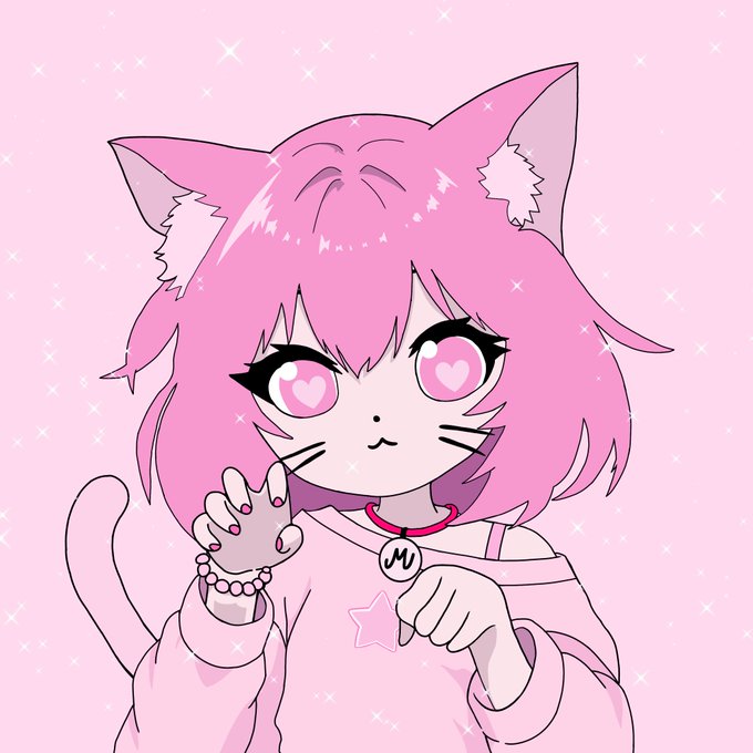An anime-style illustration of a pink cat-girl character with heart-shaped eyes, wearing a pink off-shoulder sweater and a red collar with an 'M' tag.