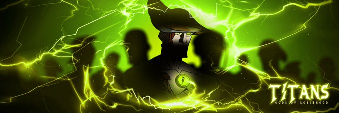 Promotional artwork for the 'TITANS: Clash of Robustwood' featuring a masked cowboy character surrounded by glowing green lightning and shadowy figures.