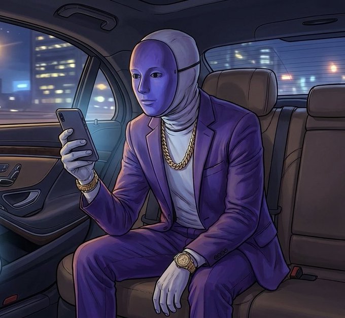 An illustrated depiction of a person wearing a purple suit and a ski mask, sitting in the backseat of a luxury car at night while looking at a smartphone.