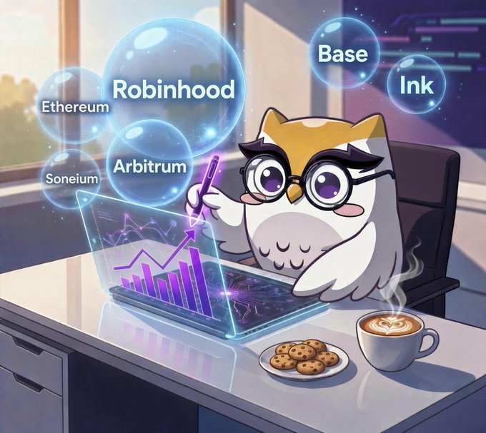 A cute cartoon owl wearing glasses analyzes glowing holographic bubbles labeled "Robinhood," "Arbitrum," "Ethereum," "Base," "Ink," and "Soneium" above a laptop displaying rising charts, accompanied by coffee and cookies—visually representing Owlto Finance's weekly cross-chain bridging insights and its role connecting major blockchain networks.