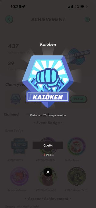 The image shows a phone screen displaying a game achievement badge for the KAIOKEN energy-saving app. The badge features a blue fist symbolizing power, with the words "KAIOKEN" written above it. The text on the screen reads "CLAIM", and there are several badges displayed below it, including one that says "StepNgo".