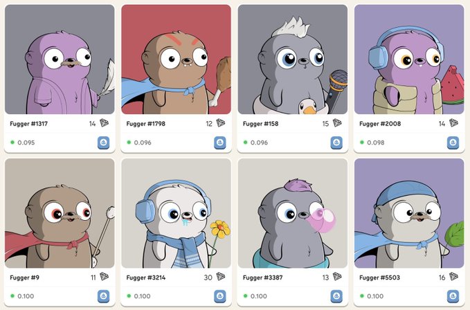 The image displays a gallery of eight cartoon "Fugger" NFT characters with unique traits and numbered IDs (e.g., Fugger #1317, #1798, #158, #2008, #9, #3214, #3387, #5503), each showing a rarity score ranging from 0.095 to 0.100. These characters illustrate the concept described in the post about Fugz Hub, where each trait will carry rarity points that determine an owner's position, badges, and diamond rankings within the ecosystem.