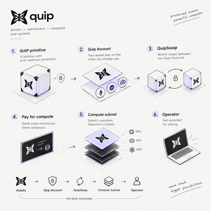 An infographic for "quip" explaining their blockchain platform with six steps including Quip primitive, Quip Account, QuipSwap, Pay for compute, Compute subnet, and Operator.