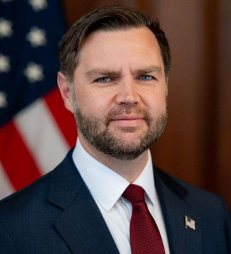 The image shows a professional portrait of a man with short brown hair and a trimmed beard, wearing a dark navy suit, white dress shirt, and a dark red tie, with a small American flag pin on his lapel. He is photographed in front of an American flag, suggesting an official or political setting. The accompanying post identifies the context as JD Vance being greeted by delegates chanting "48," indicating support for him as the 48th U.S. president, which aligns with the formal political imagery of the portrait.