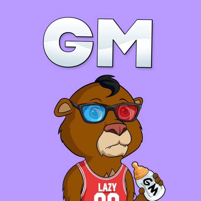 A cartoon illustration of a brown bear wearing 3D glasses and a red 'LAZY 00' jersey, holding a baby bottle with 'GM' written on it, under large 'GM' text on a purple background.