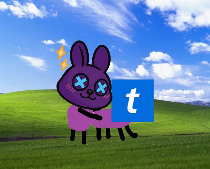 A cartoon illustration of a purple bunny-like character with blue X-shaped eyes holding a blue square with a white lowercase 't' against a green hill and blue sky background.