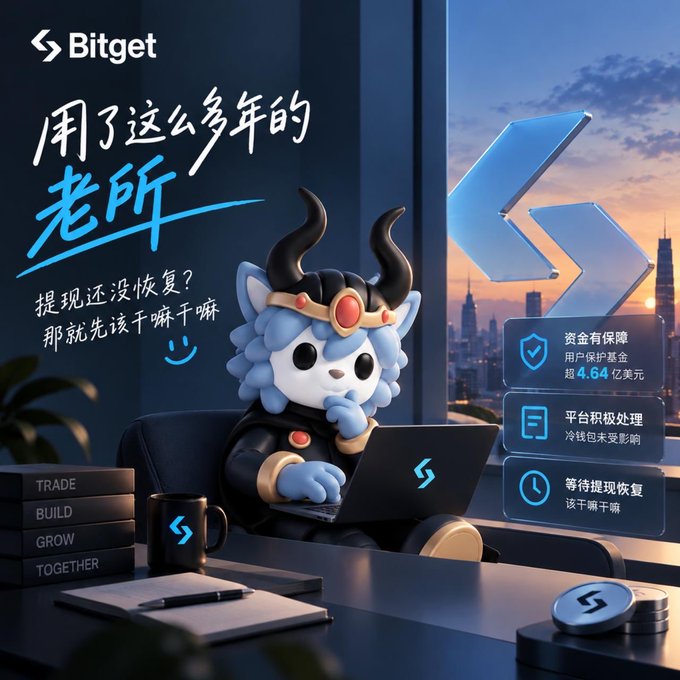 The image is a Bitget promotional graphic featuring a blue horned mascot working on a laptop with text addressing concerns about withdrawal delays, highlighting "资金有保障" (funds are secured) with a protection fund of "4.64亿美元" ($464 million) and reassuring users to "等待提现恢复" (wait for withdrawals to resume). It directly supports the post's theme of reassuring long-time Bitget users about platform security and fund safety following a security incident.