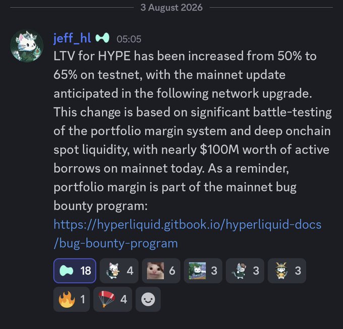 This Discord message from jeff_hl details an increase in LTV for HYPE to 65% on testnet, highlighting the platform's robust $100M active borrows and bug bounty program, all "Highly @monetrix_xyz coded" as per the post.