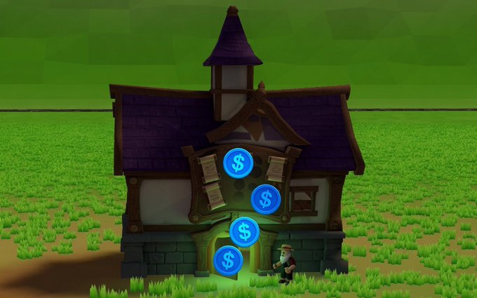 A cartoon-style building sits in a grassy field, with a small farmer character standing at its doorway and glowing blue dollar-sign coins floating upward, visually representing the USDC farming rewards mentioned in the post.