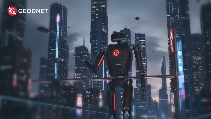 A humanoid robot with a glowing red GEODNET logo on its back stands overlooking a futuristic cyberpunk cityscape with neon-lit skyscrapers, while the "GEODNET" branding appears in the upper left corner. The image visually reinforces the post's focus on the robotics and crypto narrative, tying GEODNET's presence alongside Coinbase and Upbit listings to a futuristic, technology-driven vision.