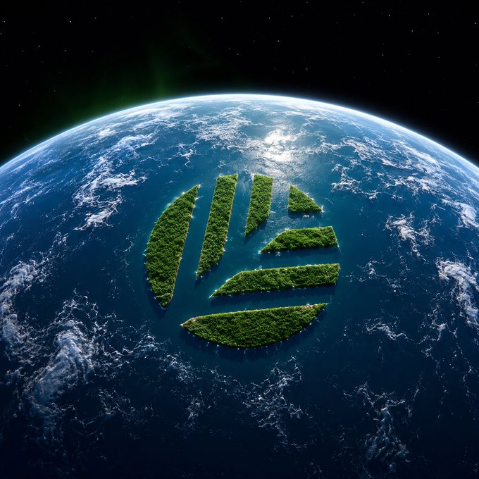A digitally rendered Earth viewed from space shows a large circular landmass made of green forest in the middle of the ocean, illuminated by sunlight.
