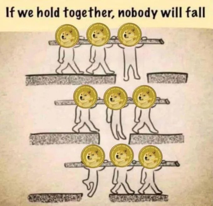 The image is a meme with the text "If we hold together, nobody will fall," depicting three Dogecoin coins (with the iconic Shiba Inu faces) acting as bridge supports across gaps, holding up stick figures on a wooden plank. It illustrates the post's message about Dogecoin holders uniting to keep the price from "falling" until it reaches $1.00.