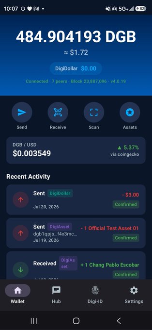 A mobile wallet screenshot showing a balance of 484.904193 DGB (~$1.72) on the DigiByte network, with recent transaction activity including sends and receives.