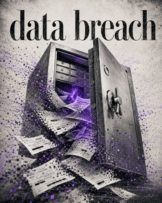 A dramatic graphic featuring the text 'data breach' in large black letters above an open safe spilling out documents, with purple pixelated digital effects symbolizing compromised information.