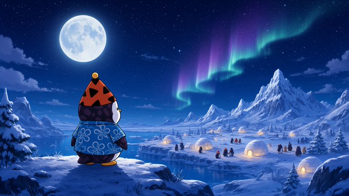 A cartoon penguin wearing a blue floral kimono and a pumpkin hat standing on an icy cliff, gazing at a snowy arctic landscape with igloos, mountains, a full moon, and the aurora borealis in the night sky.