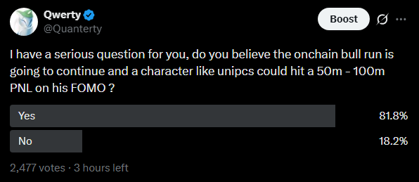 A tweet from Qwerty (@Quanterty) asks followers if they believe the onchain bull run will continue and whether "unipcs" could hit $50m-$100m PNL on his FOMO, with poll results showing 31.8% Yes and 18.2% No out of 2,477 votes. The accompanying post suggests buying $USELESS instead of "a forced bundled low cap," implying an alternative trade strategy to chasing the hyped position mentioned in the poll.