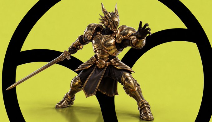 A golden-armored knight warrior in a dragon-crested helm wields a long sword against a yellow background featuring a black swirl logo. The image represents one of the 4,377 unique characters from the seven Legendary classes in the Robinh00d Legends NFT collection on OpenSea.